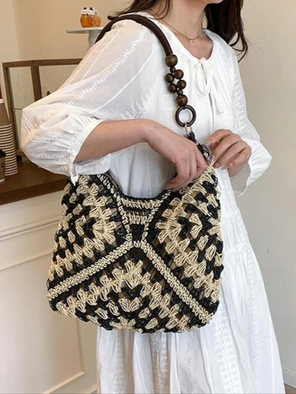Woven Crochet Hobo Bag with Wooden Bead Handle - Black & Natural